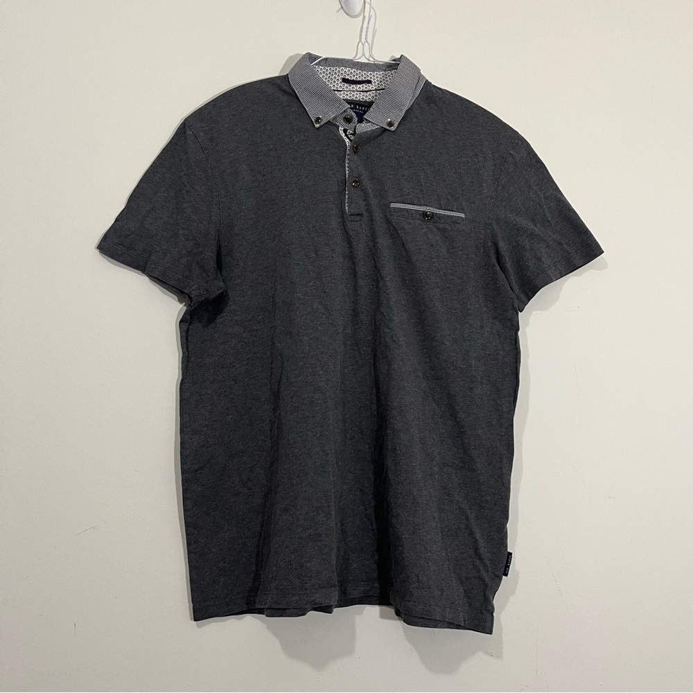 Ted Baker Polo Shirt Button Down Short Sleeves Gray Mens Sz 4 Pocket -Tiny Flaw